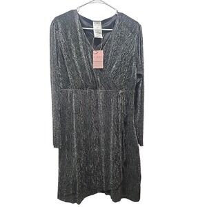 Serra Womens Metallic Silver Pleated Wrap Dress Long Sleeve V-Neck Size M NWT